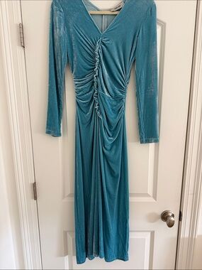 Rachel Comey Teal Velvet Ruched V-Neck Long Sleeve Dress